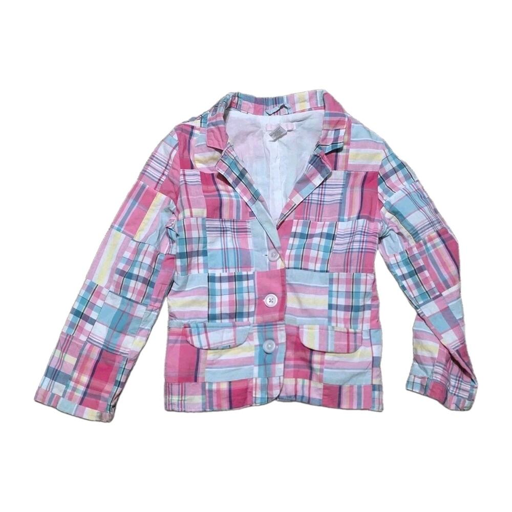 Vtg Janie And Jack Madras Plaid Jacket Girls 6 Pink Blue Pastel Patchwork Spring